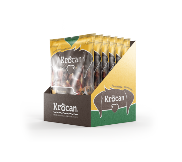Caja con 6 unidades de Brochetas de carne triple sabor Krocan 100g - Snack saludable para perros